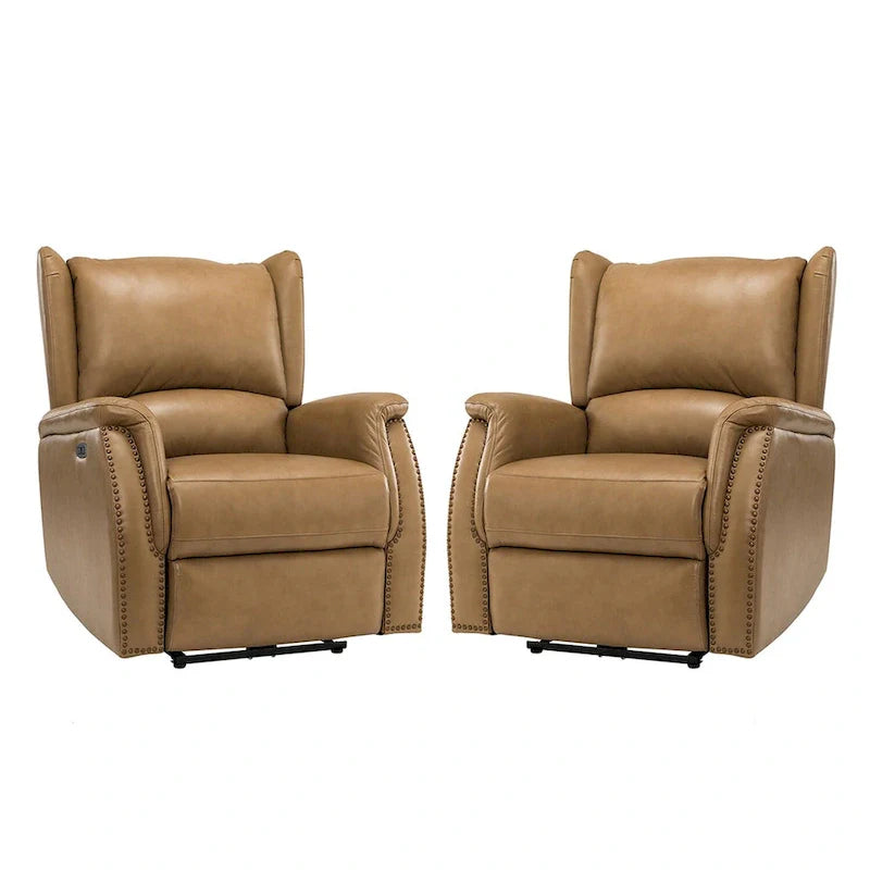 Genuine Leather Power Recliner with USB Port 鈥?Wingback Nailhead Set of 2