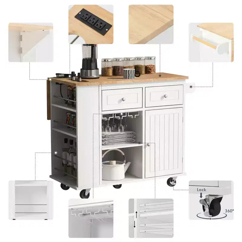 Movable Kitchen Island with Power Outlet, Drop Leaf and Rubber Wood Top