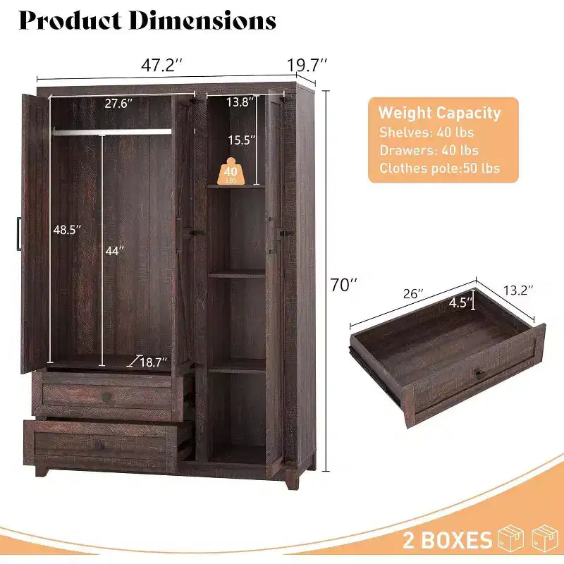 AMERLIFE 47 Farmhouse Wardrobe Armoire with 3 Doors, 2 Drawers, Hanging Rod & Adjustable Shelves, Freestanding Closet Organizer