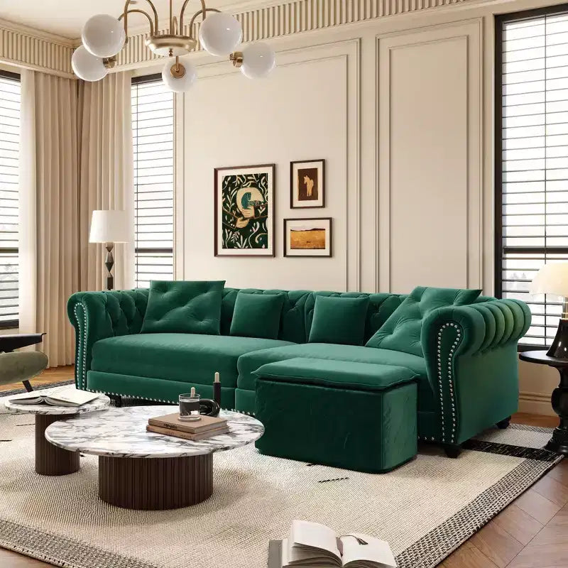 Whisen Velvet 3-in-1 King Size Pull-Out Sofa Bed & Convertible Sleeper Sofa with Movable Ottoman, Tufted Design