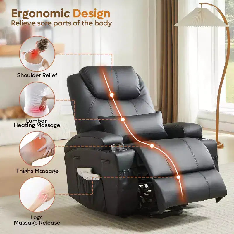 Bestier 34.6'' Electric Power Lift Asist Recliner Chair with Massage and Heat, Fax Leather Reclining Chair with Side Pockets & Cup Holders