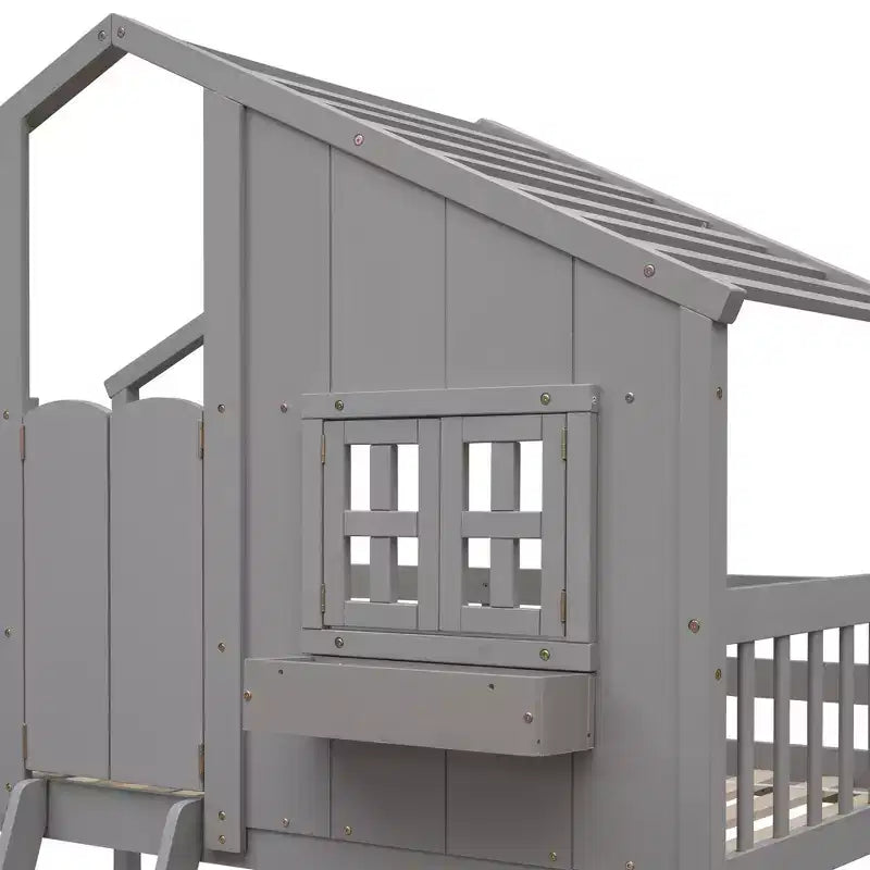 Twin Size House-Shaped Loft Bed, Wood Playhouse Loft Bed with Ladder & Guardrails for Kids