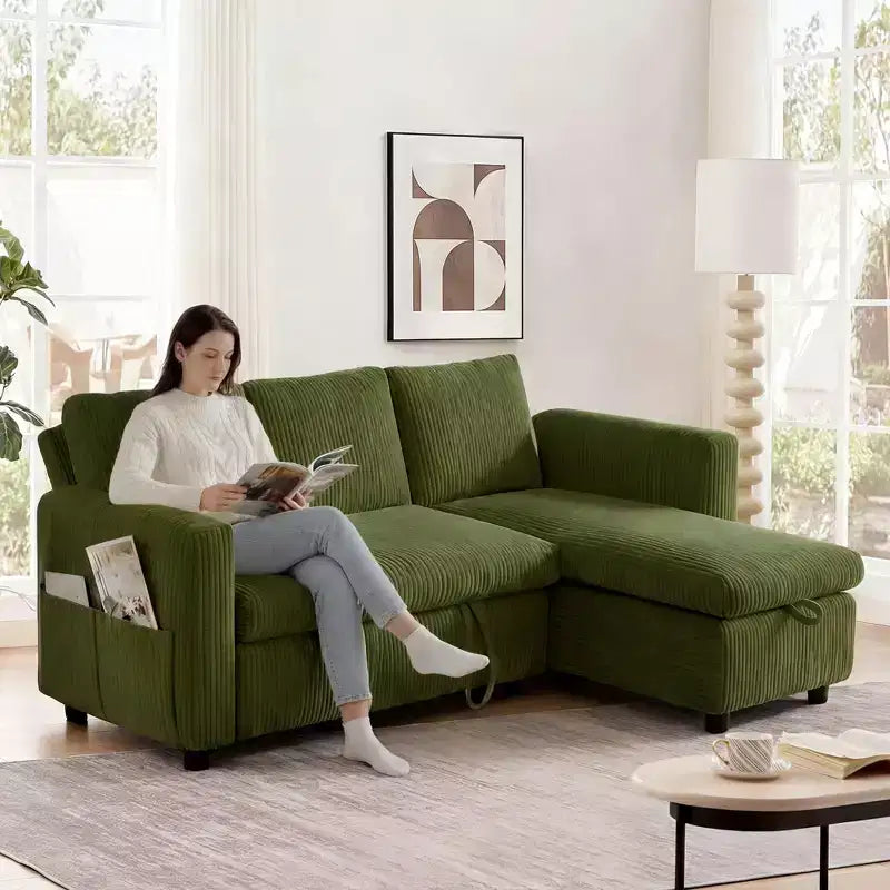 Dyonery 2 in 1 Pull Out Sleeper Sofa with Storage Chaise C Corduroy Sectional Couch with USB Ports for Living Room