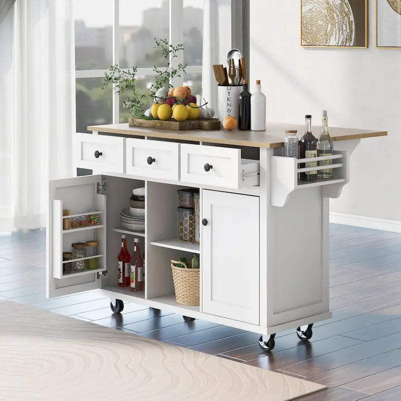 Kitchen Cart With Rubber Wood Drop-Leaf Countertop