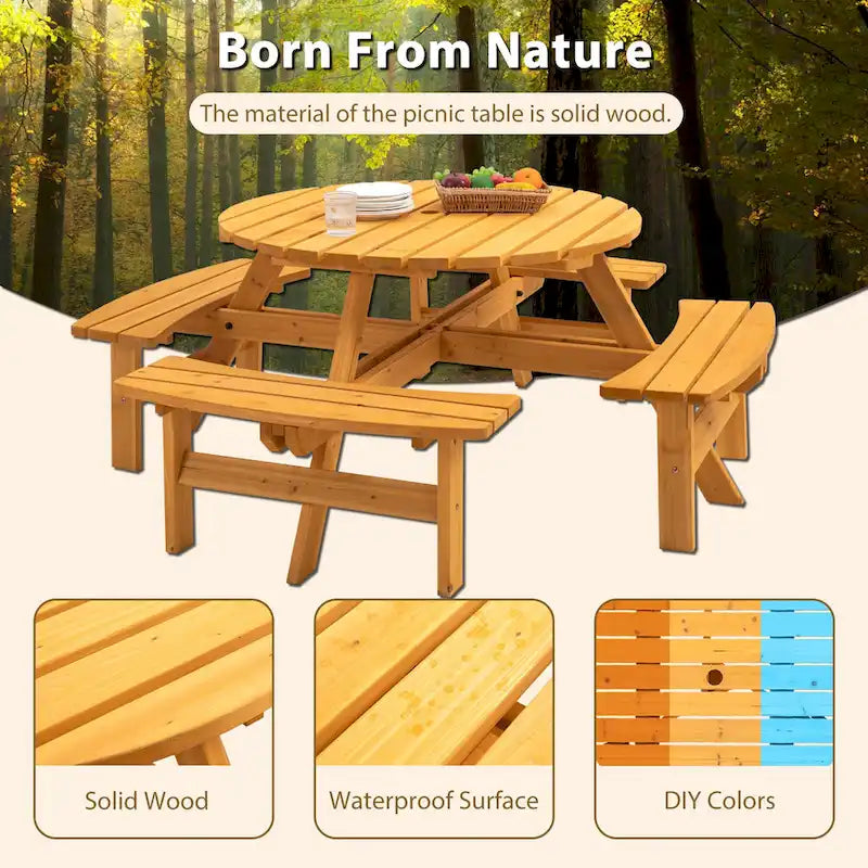 8-Person Outdoor Patio Fir Wood Round Picnic Dining Set with 4 Built-in Benches and Umbrella Hole