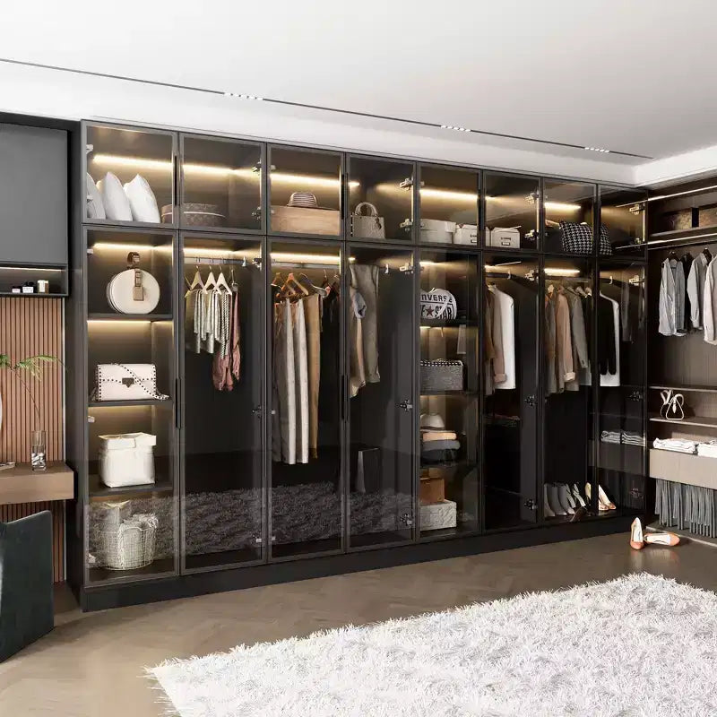 Hitow Pure Black Luxury Armoire with Tempered Glass Doors 3-Color LED Wardrobe Floor-to-Ceiling Bedroom Closet Organizer Dressing Room Closet