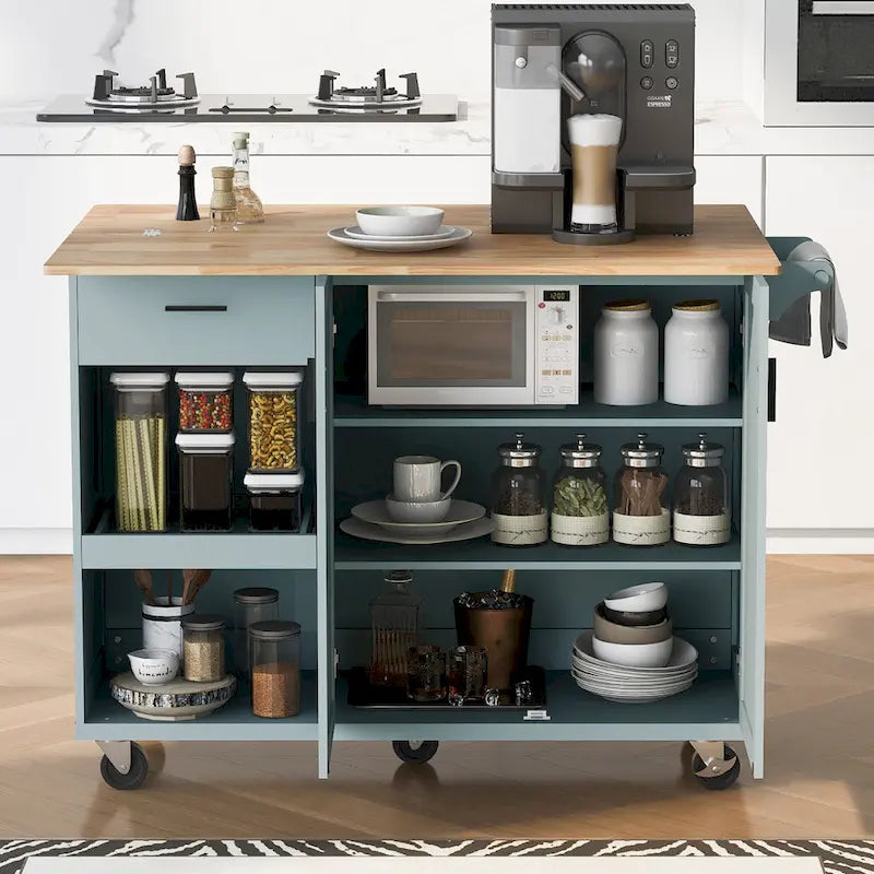 Îlot de cuisine avec plan de travail pliable, desserte de rangement de cuisine avec étagère coulissante, porte-serviettes et tiroir, roulettes.