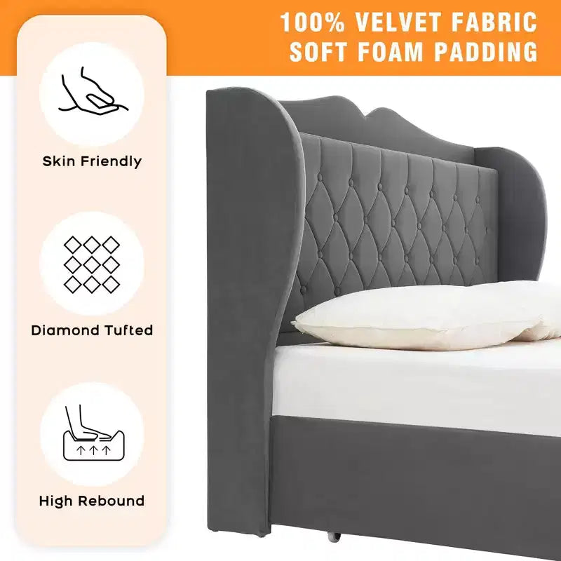 Bed Frame with 4 Storage Drawers and Charging Station, Velvet Button Tufted Upholstered Platform Bed with Tall Headboard and Storage Shelf