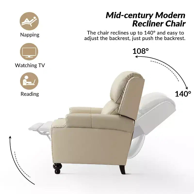 Set of 2 Elisabete Modern Wingback Genuine Leather Recliner with Vintage Nail Head Trim for Living Room and Bedroom| ART OF LIVING DESIGNS