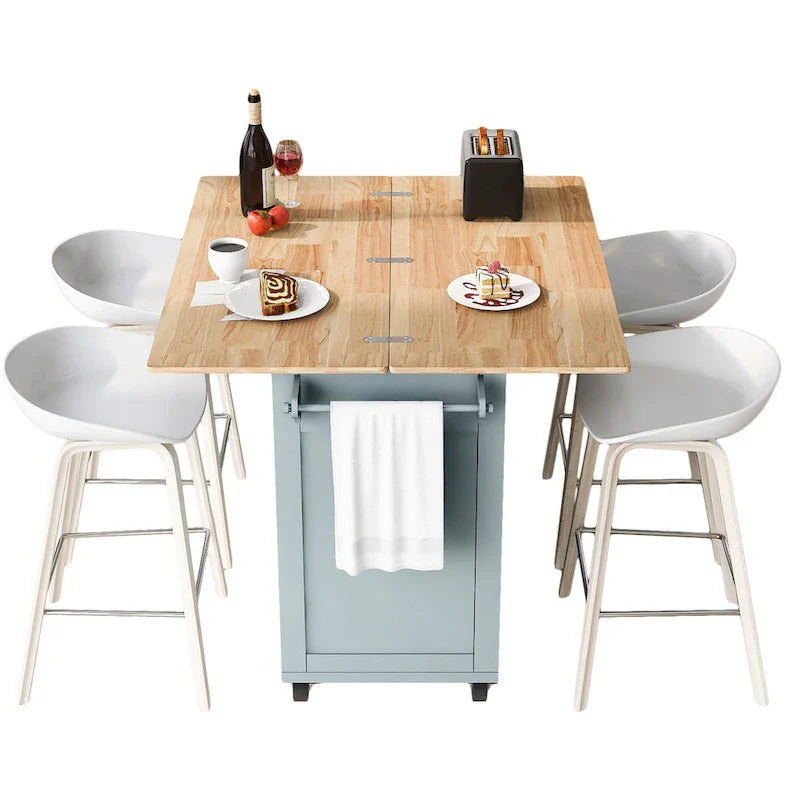 Îlot de cuisine avec plan de travail pliable, desserte de rangement de cuisine avec étagère coulissante, porte-serviettes et tiroir, roulettes.