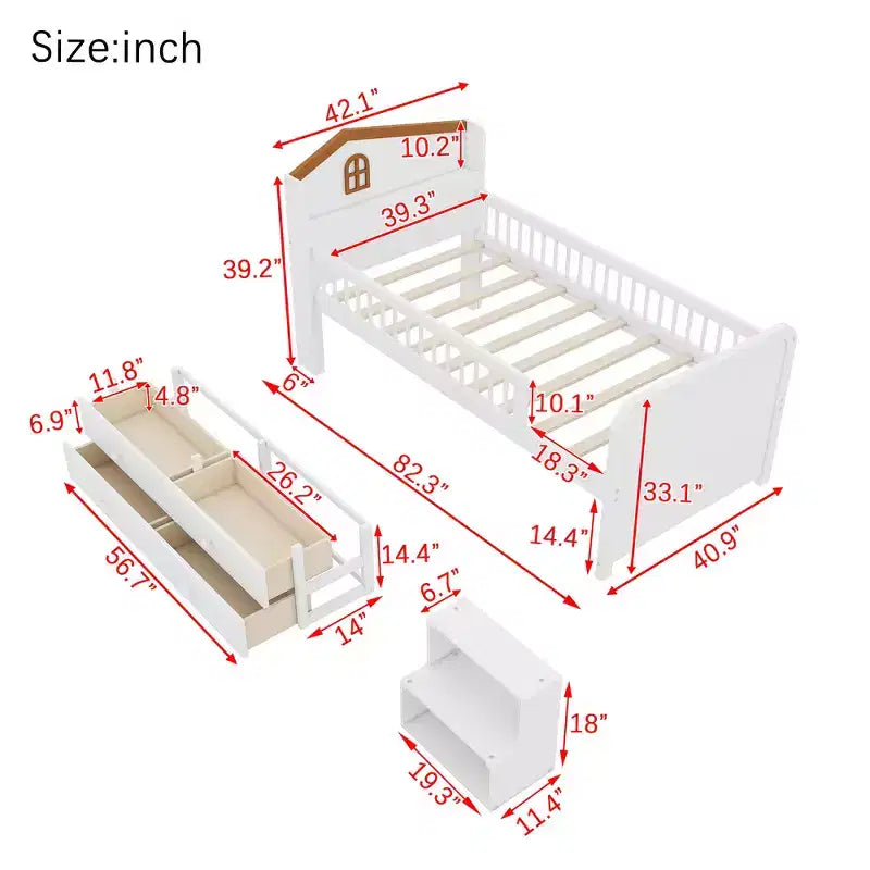 Whisen Low Twin Loft Bed with LED Lights, House Shape Headboard & Storage Drawers, Solid Construction