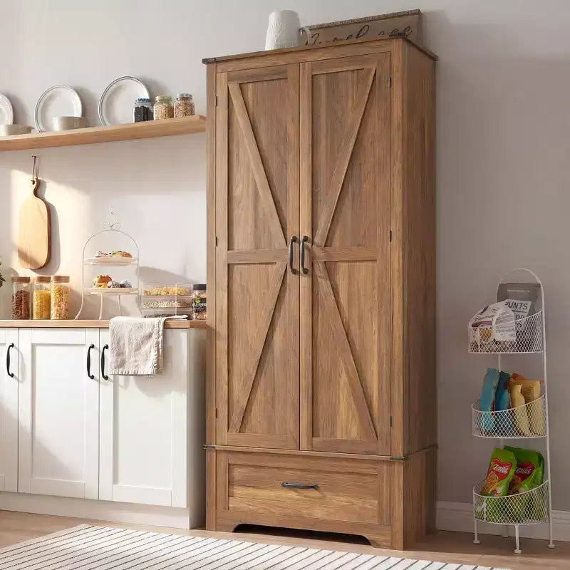 HOMCOM Armoire de garde-manger de ferme de 183 cm avec portes de grange, meuble de rangement de cuisine haut avec étagères réglables et tiroir