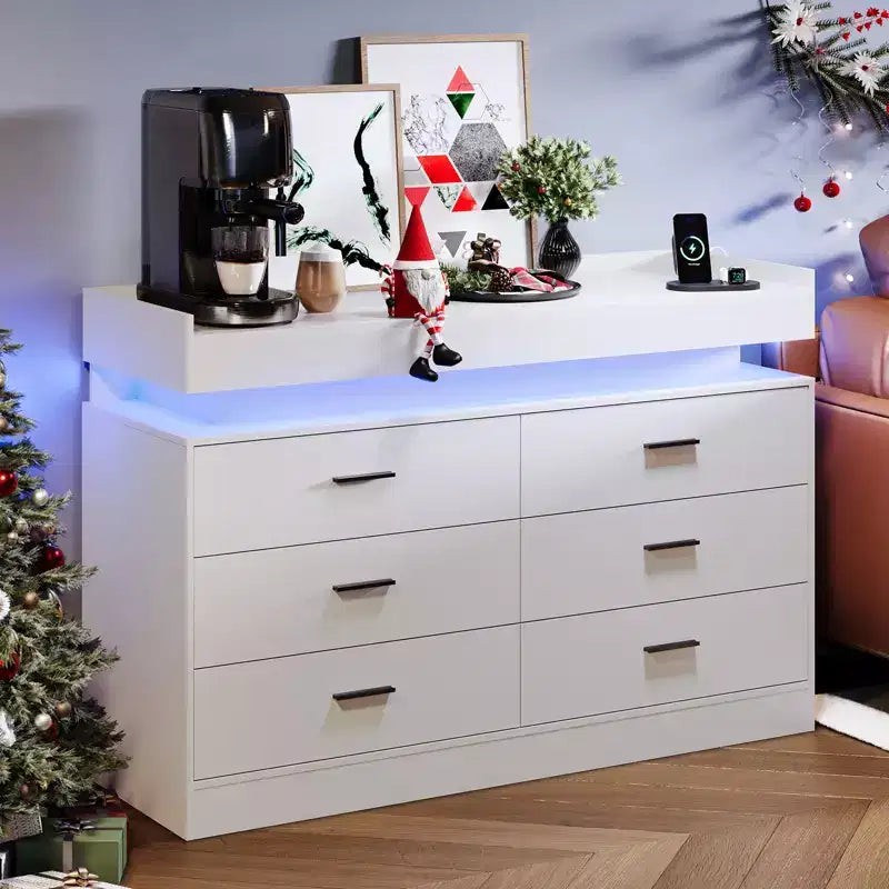 Modern TV Stand with 6 Drawers & LED Lights, Floating Countertop Coffee Bar for Living Room Entertainment Center