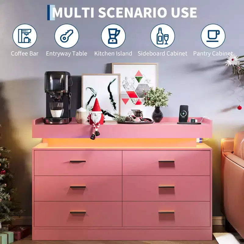 Modern TV Stand with 6 Drawers & LED Lights, Floating Countertop Coffee Bar for Living Room Entertainment Center