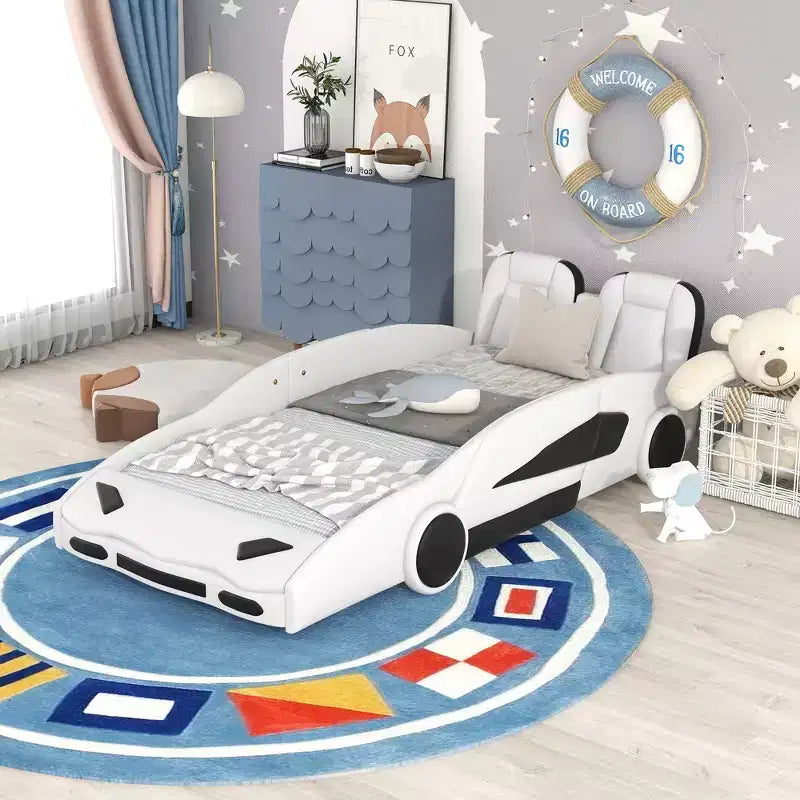 Lit plateforme Whisen Wood en forme de voiture de course, taille double, avec LED et dossier rembourré
