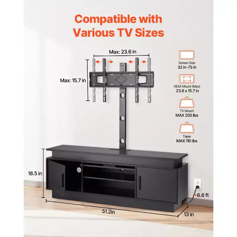 VEVOR 52 TV Stand with Mount for up to 75 in TVs, Entertainment Center with Power Outlet, Height Adjustable, Black