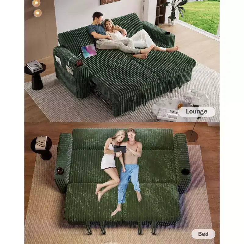 Dyonery 91 Sectional Sleeper Sofa Bed with Pull Out Bed,Reclining Backrest/Two Pull Out Beds/USB Ports/Cup Holders, Plush Corduroy