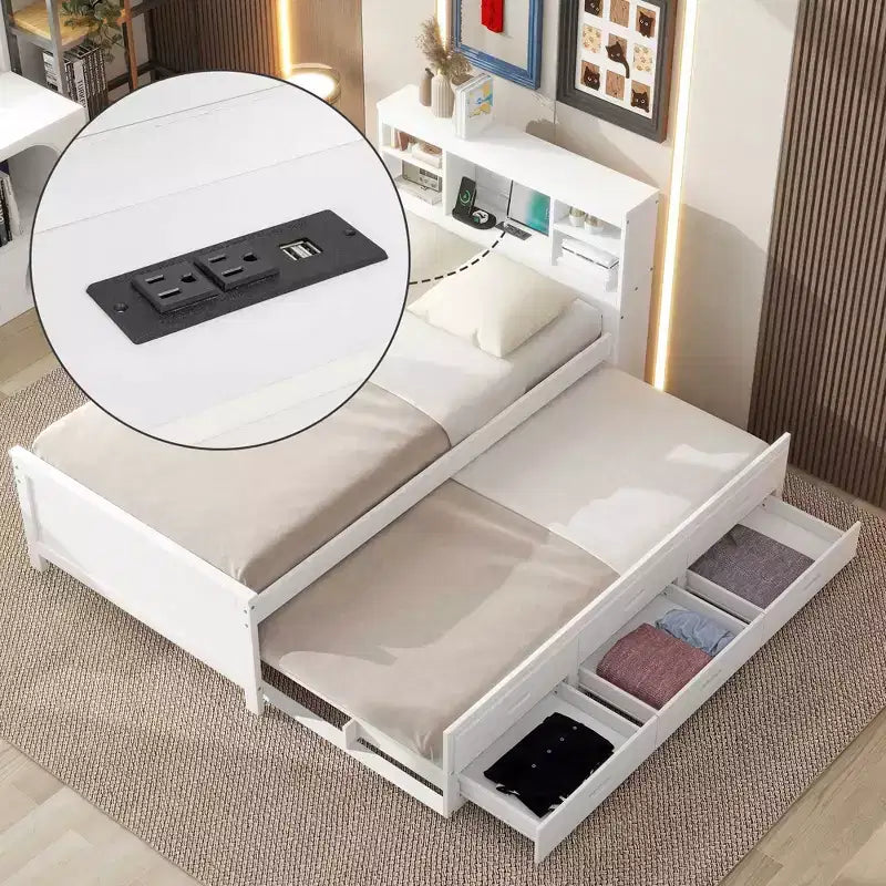 Lit plateforme avec lit gigogne et tiroirs, lit plateforme de rangement avec USB, lit plateforme en bois avec bibliothèque
