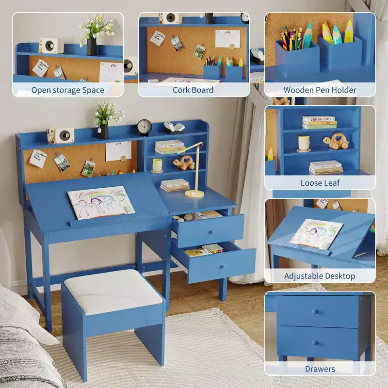 Kids Desk and Chair Set, Wooden Study Table with Adjustable Tilt Desktop, Drawers & Cork Board - Children School Learning Desk Set