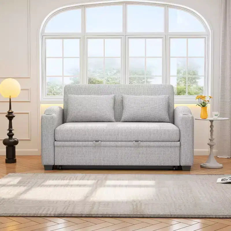 61.6 Modern Chenille Convertible Sofa Bed with USB Ports, Cup Holders & Adjustable Backrest for Living Room, Apartment