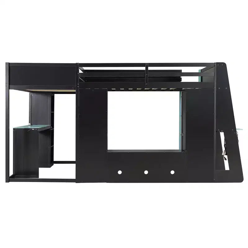 L-Shaped Gaming Loft Bed with Desks, Double Twin Loft Beds with LED Lights, USB Ports, Storage Bookshelves, Wood Corner Loft Bed for 2