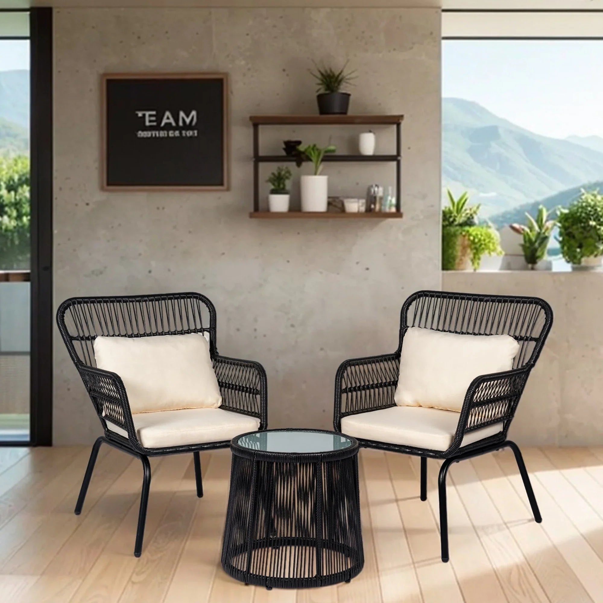 Ensemble bistrot 3 pièces en osier pour conversation, salon de jardin en rotin résistant aux intempéries avec coussins