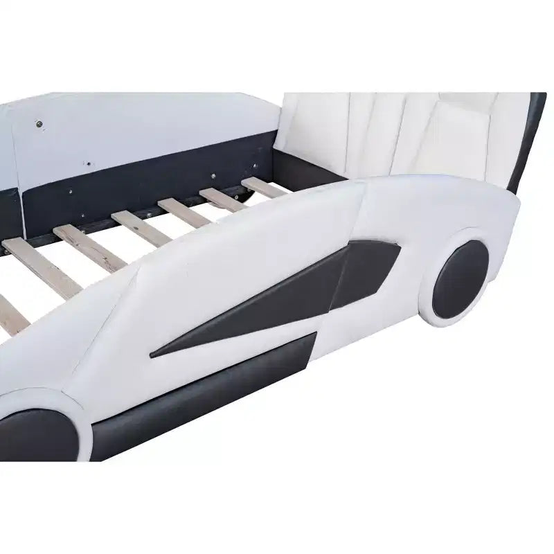 Whisen Wood Twin Size Race Car-Shaped Platform Bed with LED and Upholstered Backrest