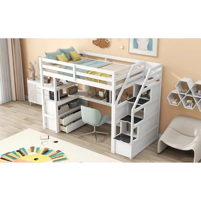 Twin Size Loft Bed with Desk and Shelves, Two Built-in Drawers, Storage Staircase