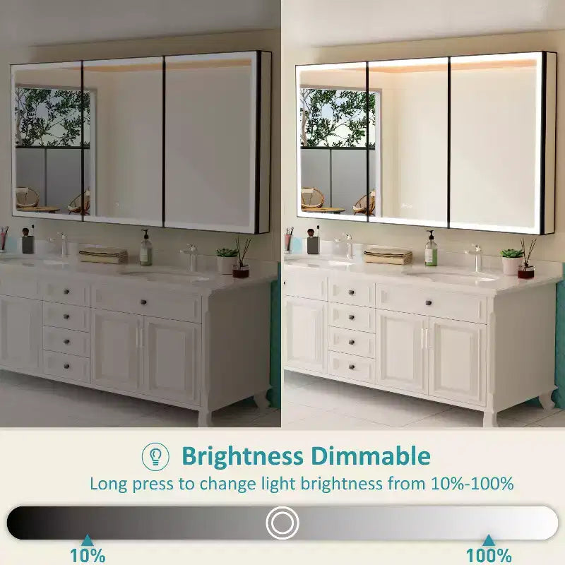 Armoire de toilette avec miroir LED, montage en saillie ou encastré, lumière dimmable, anti-buée, étagères réglables