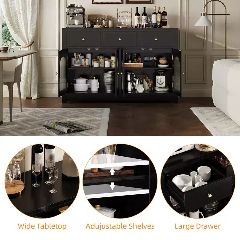 55 Inch Storage Cabinet Dining Narrow Buffet Sideboard Cabinet with 3 Drawers and 4 Doors for Kitchen, Dining Room, Living Room