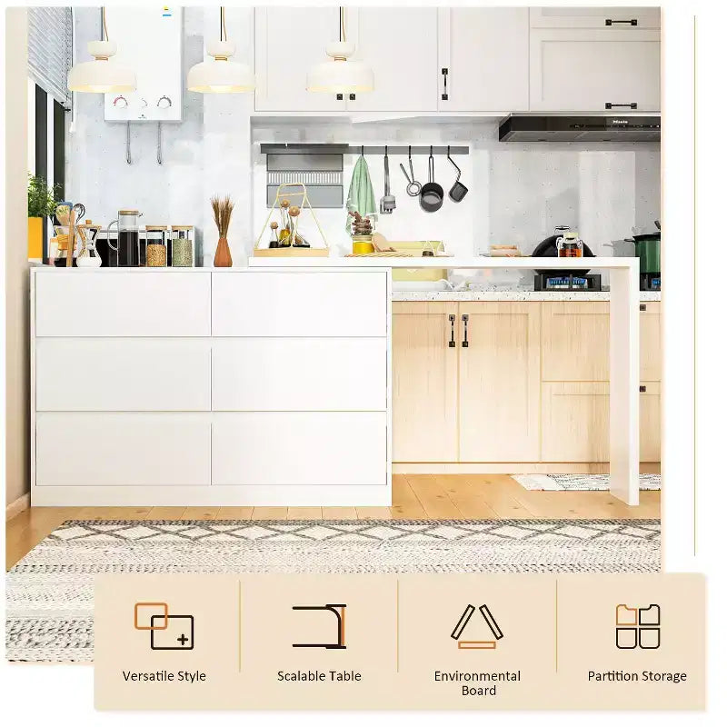 Desserte de buffet intelligente rotative/extensible avec 6 tiroirs, plan de travail étendu, tapis antidérapant, table à manger rotative, îlot de cuisine/garde-manger
