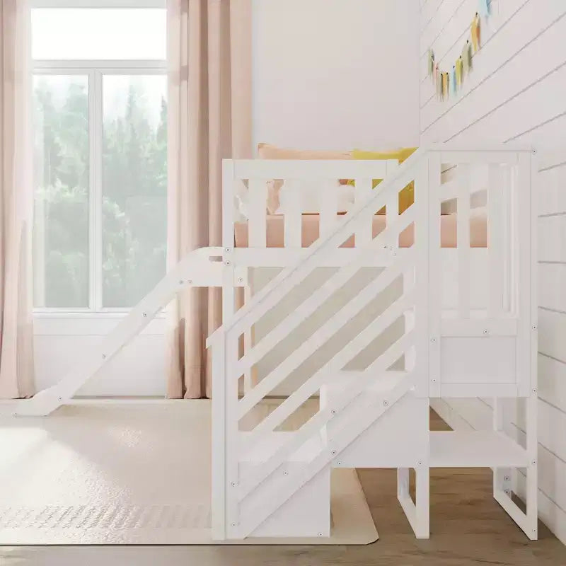 Kids Twin Low Loft Bed with Slide & Stairs, Solid Wood, 14 Guardrails, 400 lb Capacity