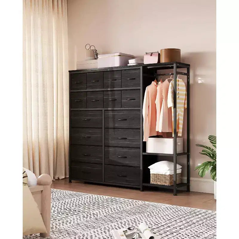 Dresser with 16 Drawers & Hanging Rod & Shelves, Fabric Storage Organizer for Bedroom, Closet, or Entryway
