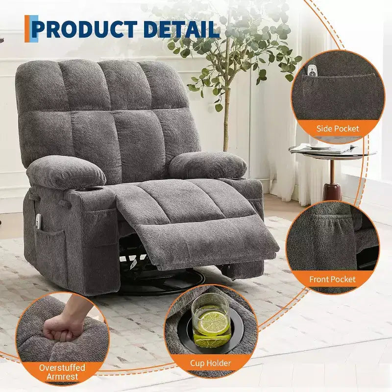 Oversized Recliner Chair for Adults, Manual Swivel Rocker Sofa, Side Pockets & Cup Holders for Big and Tall Persons, Living Room