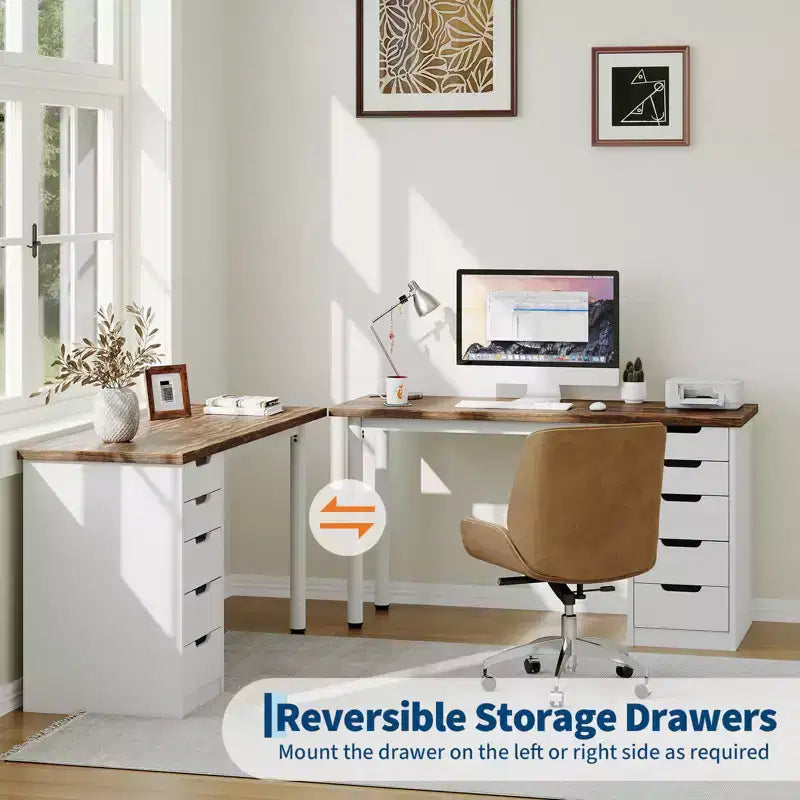 47 Inch Computer Desk with 5 Storage Drawers, Reversible Modern Rustic Study Writing Table, Home Office Workstation for Small Spaces
