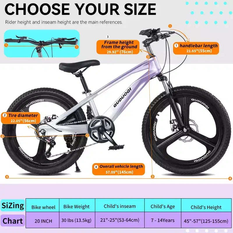 NAYSAYE 20 Inch Kids Mountain Bike with 7-Speed Drivetrain and Magnesium Alloy Frame for Boys and Girls Ages 8-12, 57.09*21.65*29.92