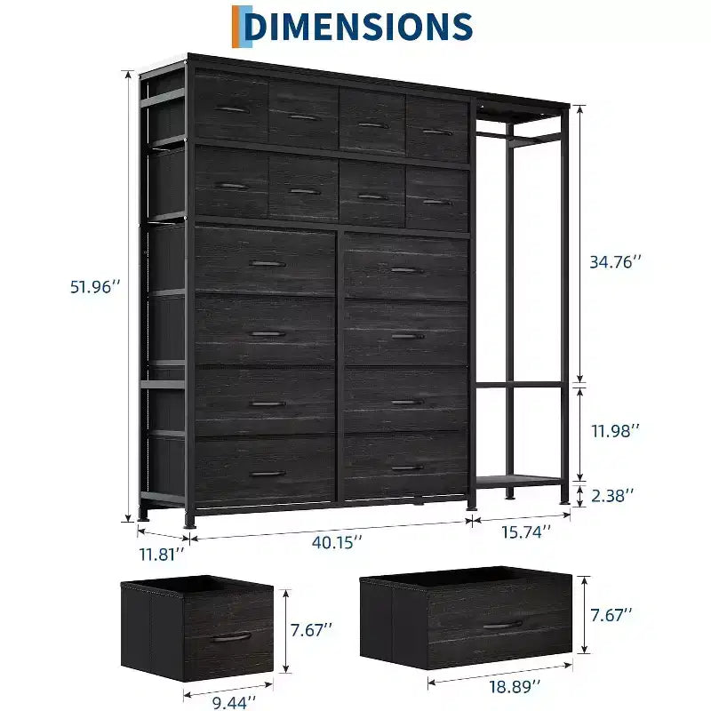 Dresser with 16 Drawers & Hanging Rod & Shelves, Fabric Storage Organizer for Bedroom, Closet, or Entryway