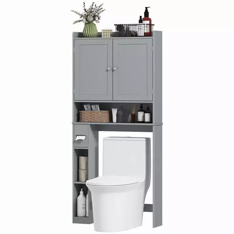 Meuble de rangement WC HOMCOM, Armoire de salle de bain moderne au-dessus des toilettes avec 2 portes, porte-papier toilette, étagère WC autoportante