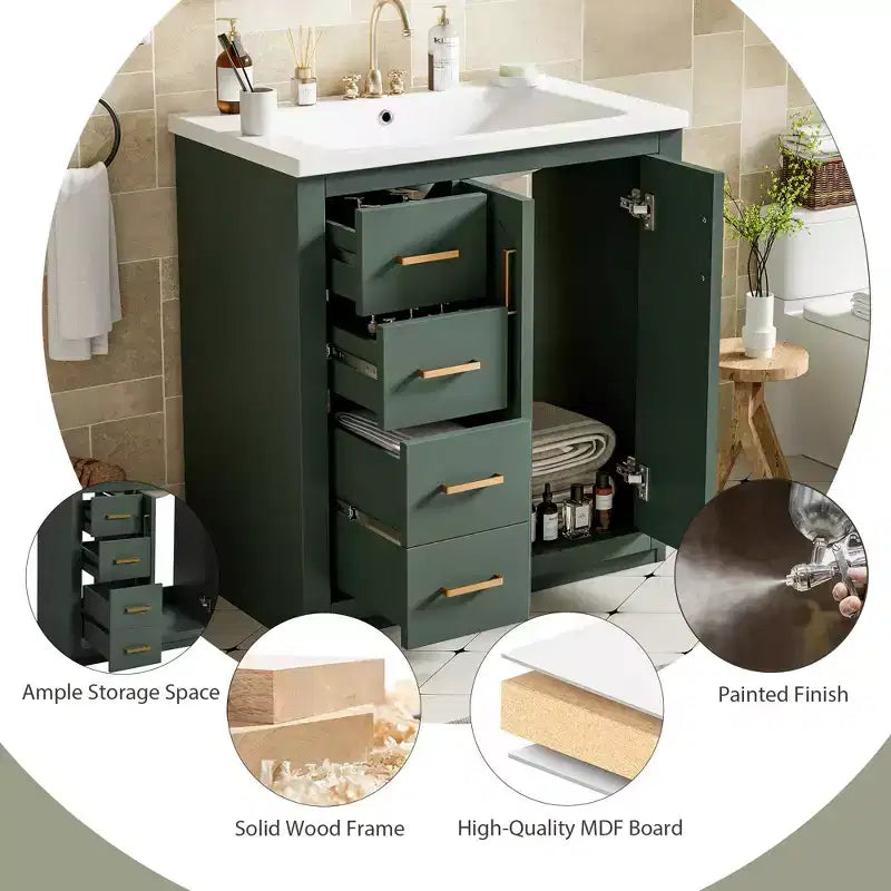 Meuble-lavabo de salle de bain à évier simple de 76 cm avec armoire et 3 tiroirs – Noir / Bleu / Vert / Indigo / Blanc