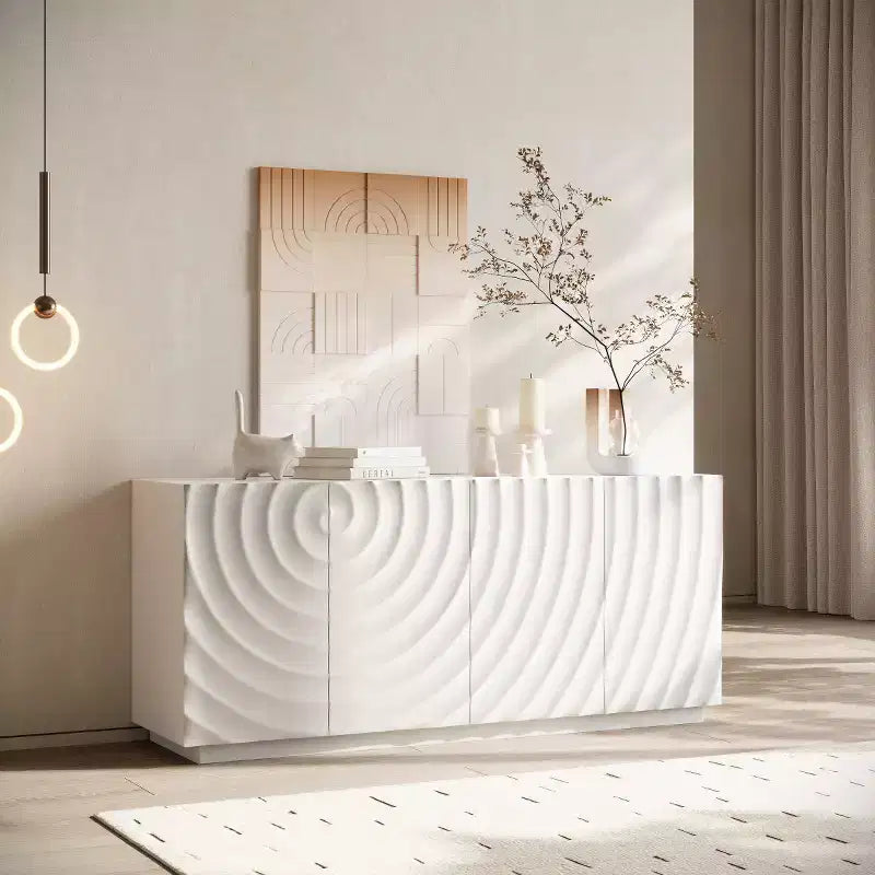 59 Modern Spiral Sideboard Buffet Cabinet, Low Profile Art Entryway Storage Cabinet with 3D Ripple Texture Doors