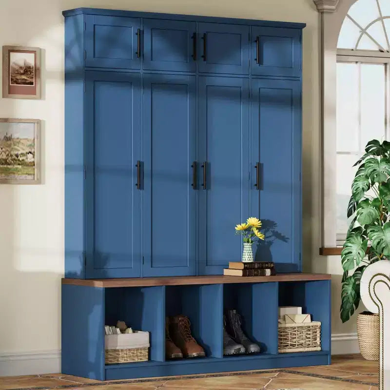 The Misty Moon Farmhouse Blue Hall Tree with 4 Hidden Hanging Hooks and Versatile Walnut Seating Bench with 8 Doors