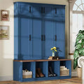 The Misty Moon Farmhouse Blue Hall Tree with 4 Hidden Hanging Hooks and Versatile Walnut Seating Bench with 8 Doors