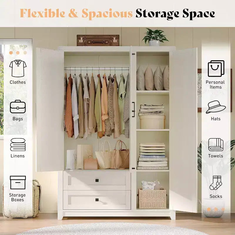 AMERLIFE 47 Farmhouse Wardrobe Armoire with 3 Doors, 2 Drawers, Hanging Rod & Adjustable Shelves, Freestanding Closet Organizer