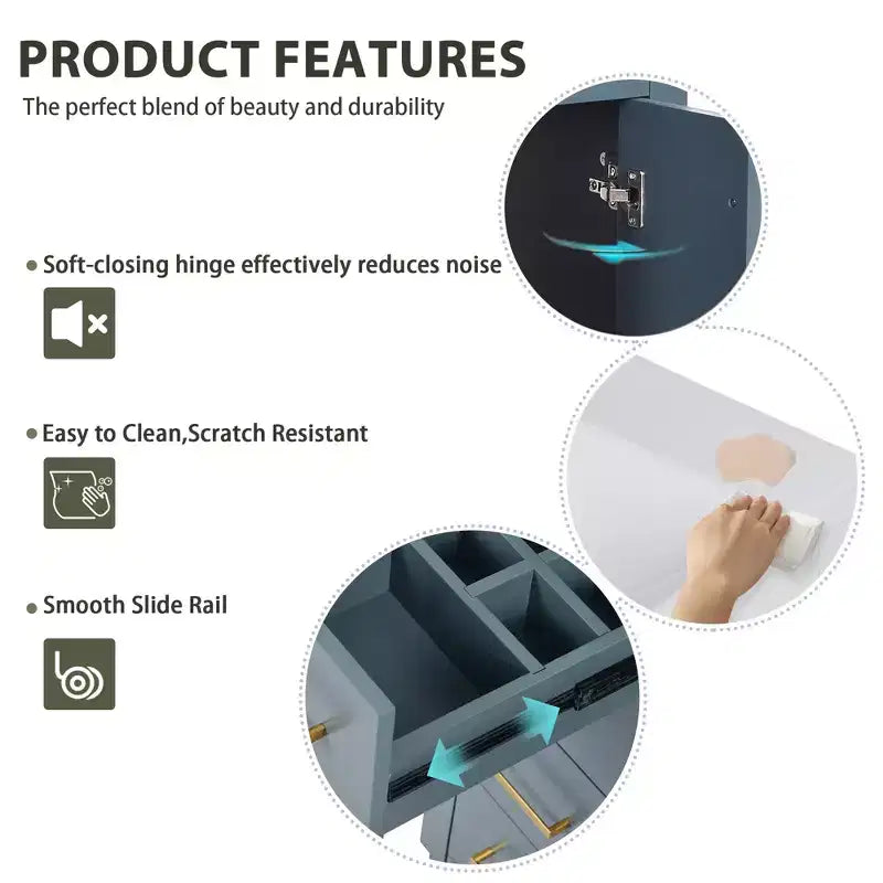 Meuble-lavabo de salle de bain à évier simple de 76 cm avec armoire et 3 tiroirs – Noir / Bleu / Vert / Indigo / Blanc