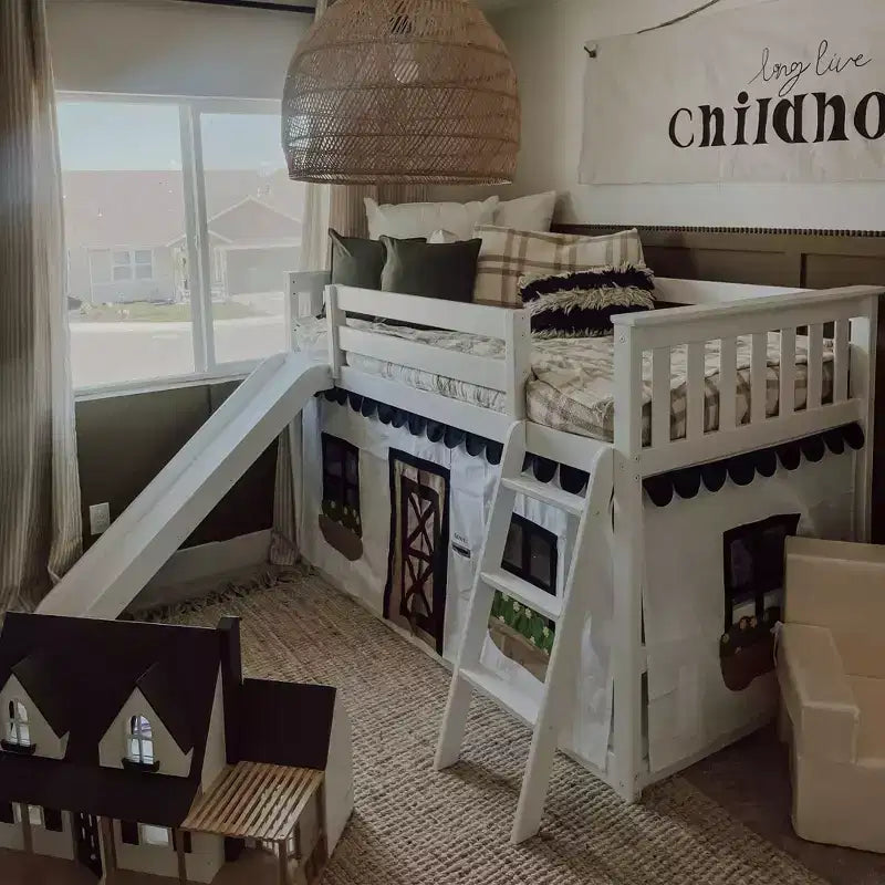 Twin Over Twin Low Bunk With Easy Slide & Black & White Farmhouse Curtain