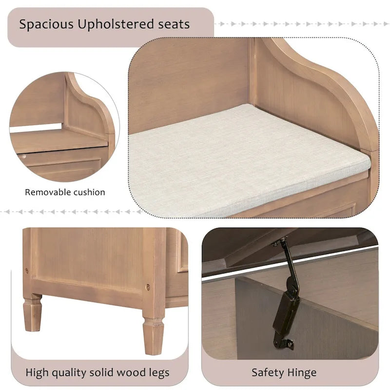 Rustic Solid Wood Entryway Storage Bench with Safety Hinge