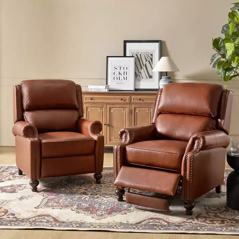 Set of 2 Elisabete Modern Wingback Genuine Leather Recliner with Vintage Nail Head Trim for Living Room and Bedroom| ART OF LIVING DESIGNS