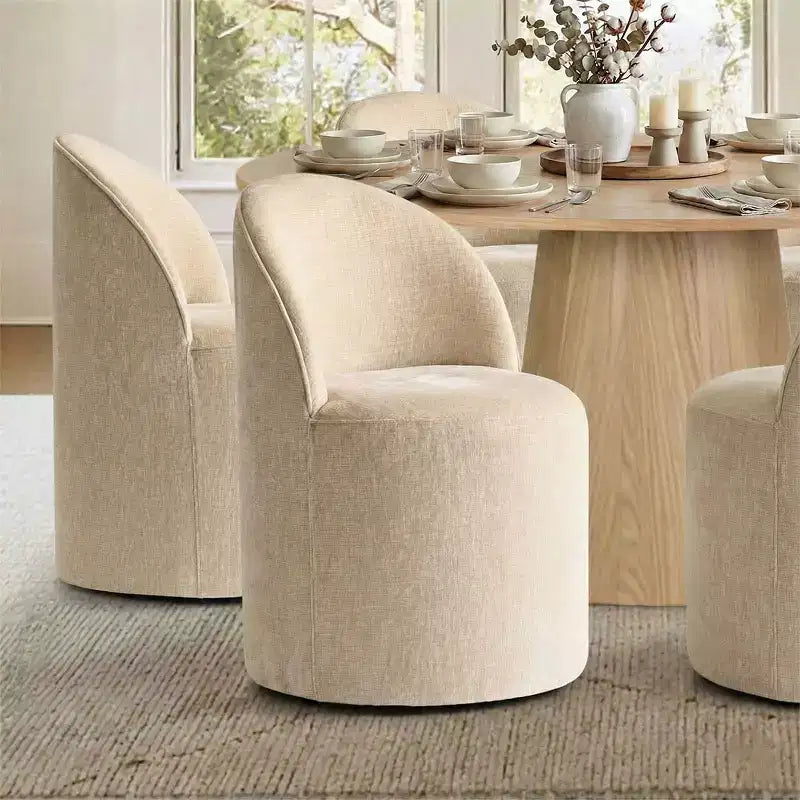Modern Dining Table Set For 6, Round Pedestal Dining Table, Swivel Rolling Barrel Chairs With Wheels, Textured Chenille- Panipeachy