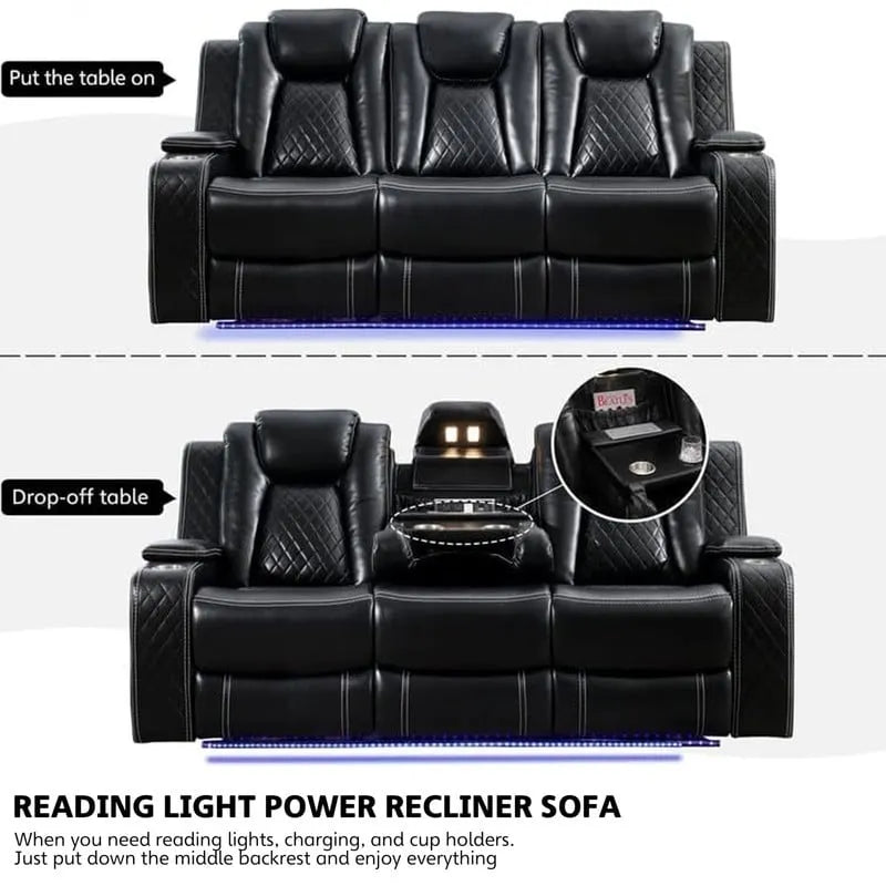 Power Reclining Sofa with Wireless Charger,Reading Light for Living Room,Faux Leather LED Light,AC/USB Port,Cup Holder,Black