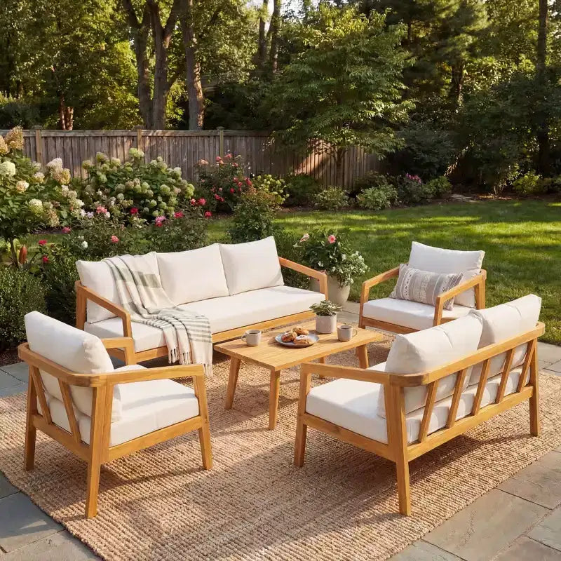Christopher Knight Home Sunny Modern 5 Piece Acacia Seating Set with Rectangular Slatted Table and 7 Seaters